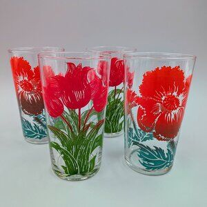 Set of 4 Midcentury Vintage Libbey Floral Tumblers - Retro Barware